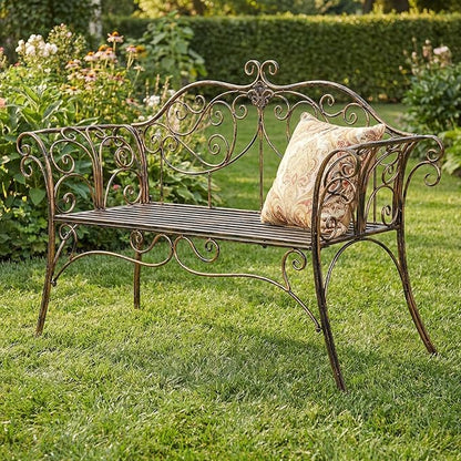 HLC Garden Bench Metal Outdoor Benchs for Front Porch Patio Park Yard 2 Seats Bench with Backrest and Armrests (Antique Bronze)