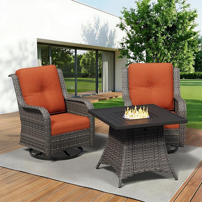 3 Pieces Outdoor Wicker Patio Furniture Set with Fire Pit Table, Swivel Rocker Patio Chairs Set with Thickened Cushions - Photo 9