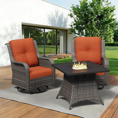 3 Pieces Outdoor Wicker Patio Furniture Set with Fire Pit Table, Swivel Rocker Patio Chairs Set with Thickened Cushions, High Back and Deep Seating, Hand-Woven PE Rattan for Porch, Deck