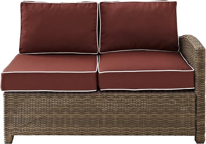 Crosley Furniture Bradenton Outdoor Sectional Right Side Loveseat, 2-Person Wicker Patio Couch for Deck, Brown with Sangria Cushions