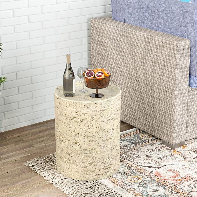 HOMPUS Round Outdoor Side Table, Rustic Modern Vintage Patio End Table, Weathered Stone Small Outdoor Accent for Indoor Outdoor Use, Patio, Garden, Cream