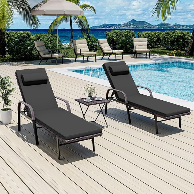 Patio Chaise Lounge Set 3 Pieces Outdoor Lounge Chair with Rattan Adjustable Backrest Armrest and Folding Table for - Photo 6