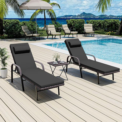 Patio Chaise Lounge Set 3 Pieces Outdoor Lounge Chair with Rattan Adjustable Backrest Armrest and Folding Table for Beach Patio,Sand, for Poolside Backyard Porch
