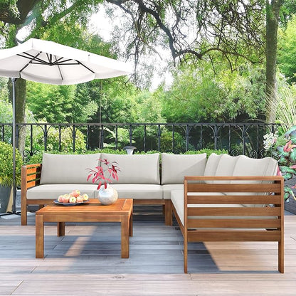 Quarte 4 Piece Outdoor Patio Conversation Furniture Set, Wood Sectional Sofa Set with Water Resistant Cushions/Coffee Table, Garden Backyard Poolside L Shape Corner Sofa Set…