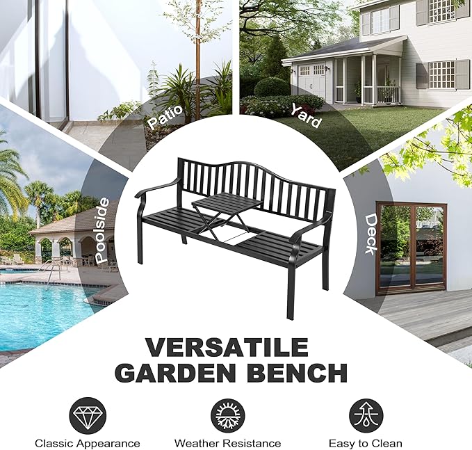 NUU GARDEN Outdoor Garden Bench with Built-in Small Table, E-Coated Metal Patio Bench for Porch, Lawn, Yard, Garden, Poolside, Black
