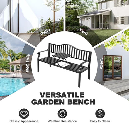 NUU GARDEN Outdoor Garden Bench with Built-in Small Table, E-Coated Metal Patio Bench for Porch, Lawn, Yard, Garden, Poolside, Black