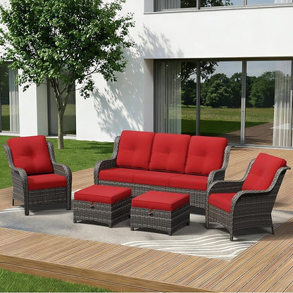 5 Piece Outdoor Wicker Patio Furniture Set, Patio Chairs Set with Thickened Olefin Cushions, High Back and Deep Seating, Hand-Woven PE Rattan, Ottoman for Porch, Deck