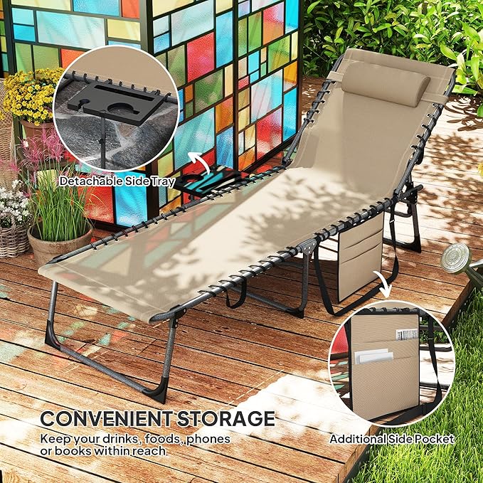 Outsunny Folding Chaise Lounge Chair Outdoor Tanning Chair with Side Table, 5-Level Adjustable Beach Lounge Chair with Headrest, Side Pocket for Patio, Backyard, Beach, Poolside, Beige