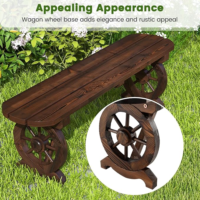 Tangkula Patio Rustic Wood Bench, Carbonized Wood Long Bench with Wagon Wheel Base, Slatted Seat Design, 2-Seat Dining Bench for Garden, Backyard, Porch, 710 LBS Max Load