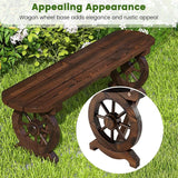Tangkula Patio Rustic Wood Bench, Carbonized Wood Long Bench with Wagon Wheel Base, Slatted Seat Design - Photo 7