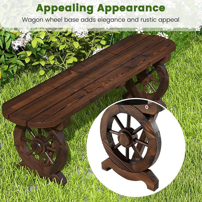 Tangkula Patio Rustic Wood Bench, Carbonized Wood Long Bench with Wagon Wheel Base, Slatted Seat Design, 2-Seat Dining Bench for Garden, Backyard, Porch, 710 LBS Max Load