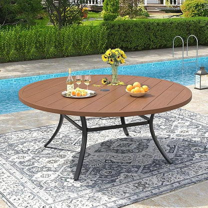 VICLLAX 60" Outdoor Round Patio Dining Table for 8-10, All Weather Metal Dining Table with Umbrella Hole for Deck Lawn Garden Backyard, Walnut