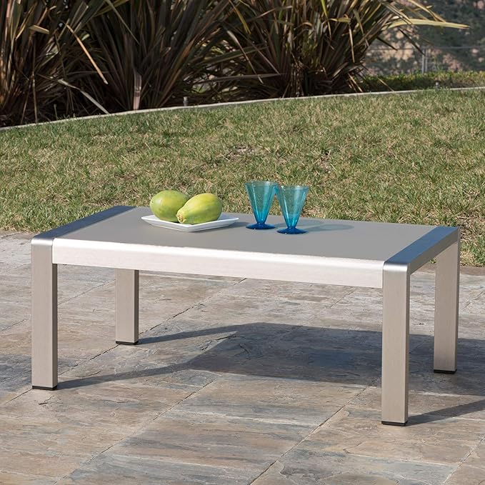 Christopher Knight Home Cape Coral Outdoor Aluminum Coffee Table with Glass Top, Silver