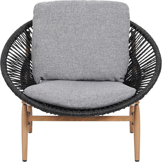 Merax Outdoor Wicker Papasan Chair, Rattan Patio Papasan Egg Lounge Chair with Cozy Cushion, Low Seat Round Chair for Backyard Balcony Garden Poolside, Sunroom Furniture, Easy Assembly, Grey
