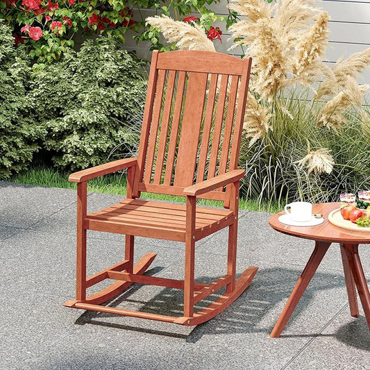 Tangkula Outdoor Patio Wood Rocking Chair, Relaxing Rocker w/High Backrest, Wide Armrests, Curved Seat, for Porch, Patio, Garden, Backyard, 400 LBS Support, Natural (1)