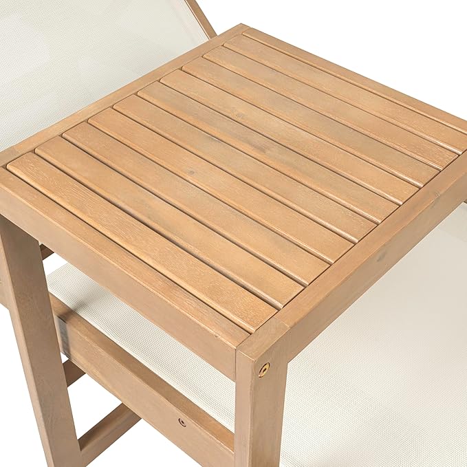 JONATHAN Y Trabuco Coastal Modern Acacia Wood Mesh 5-Position Outdoor Foldable Chaise Lounge Set with Side Table, White/Light Teak