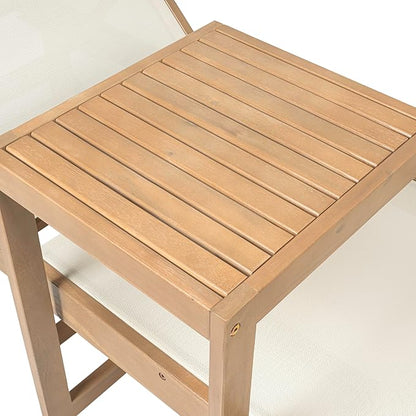 JONATHAN Y Trabuco Coastal Modern Acacia Wood Mesh 5-Position Outdoor Foldable Chaise Lounge Set with Side Table, White/Light Teak