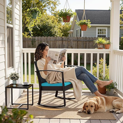 Greesum 3 Piece Patio Furniture Set, All-Weather Imitation Rattan Conversation Set, Outdoor Rocking Chair Bistro Set with Glass Top Coffee Table for Pool, Deck, Porch, Garden or Balcony, Blue