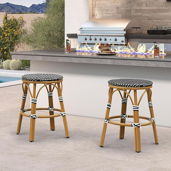 PURPLE LEAF Patio French Round 26" Counter Stool Set of 2 Large Rattan Backless Stackable Barstools Bamboo Print - Photo 4