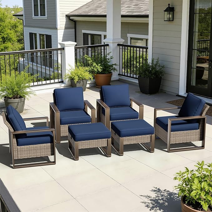 6 Pieces Metal Wicker Patio Furniture Set - Four Armchairs and Two Ottomans - Photo 9