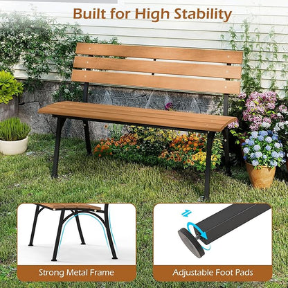 Tangkula Acacia Wood Outdoor Bench with Backrest, Patio Loveseat with Heavy Duty Metal Frame, Slatted Backrest and Seat, Park Bench for Outside Front Porch, Garden and Backyard