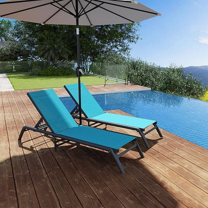 Outdoor Chaise Lounge Chairs Set of 2, No Assembly Required, 5-Position Adjustable Backrest, Foldable Lightweight Patio Lounge for Poolside, Deck, Lawn & Beach, Blue