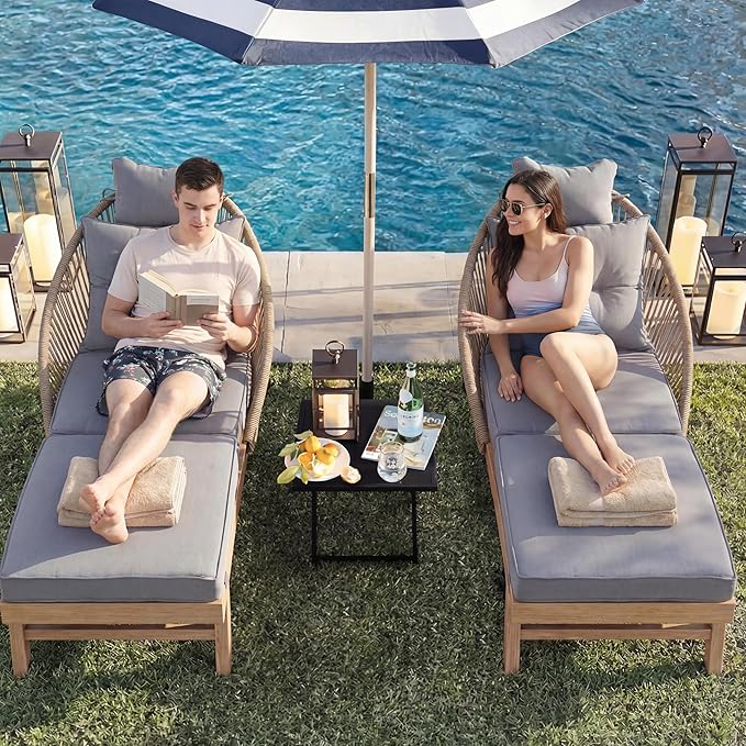 Patio Chaise Lounge Chair with Wheels, Outdoor Lounge Chairs with Thick Cushions, Patio Chaise Lounger Outdoor Handwoven Rope Armrests, Wicker Chairs for Outside, Poolside, Deck, Grey