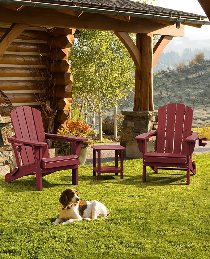SERWALL Folding Adirondack Chair Set of 8, Adjustable Adirondack Chair with 3 Recline Positions, All Weather HDPE Outdoor Adirondack with Cup Holders, Red