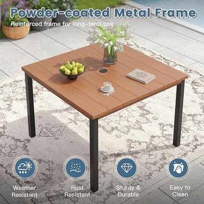 DIFY 40.2" Square Outdoor Dining Table for 4, Slatted Metal Patio Table with Adjustable Umbrella Hole, All-Weather Patio Dining Table for Garden Backyard Deck, Walnut Tabletop