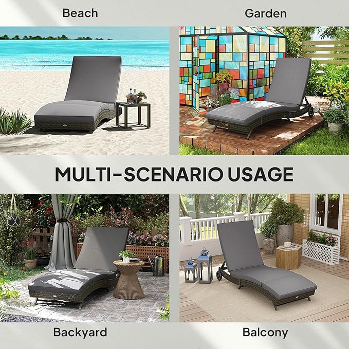 Outsunny Wicker Chaise Lounge Chair Outdoor with Wheels & Cushion, PE Rattan Patio Lounge Chair with 5-Level Adjustable Backrest for Poolside, Garden, Gray