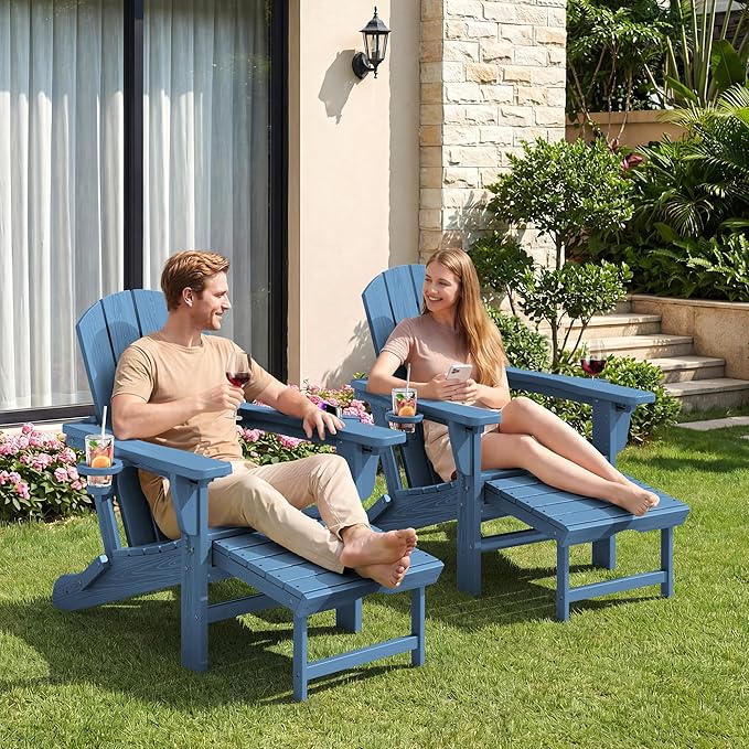 KINGYES Folding Adjustable Adirondack Chair with Retractable Ottoman, HDPE Recliner Adirondack Chair with Cup Holder, Blue