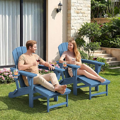 KINGYES Folding Adjustable Adirondack Chair with Retractable Ottoman, HDPE Recliner Adirondack Chair with Cup Holder, Blue