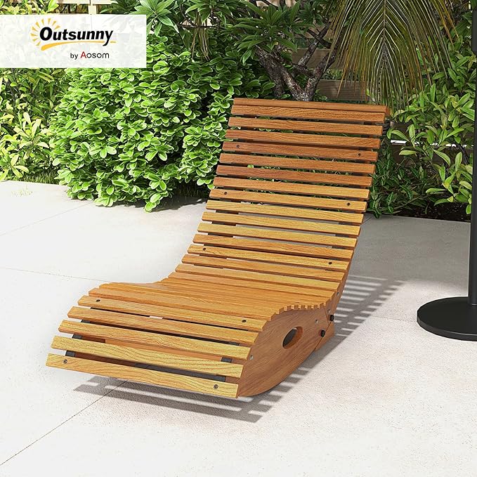 Outsunny Outdoor Rocking Chaise Lounge Chair, S Shape Wooden Rocking Chair with Slatted Seat and High Back, Rocking Patio Lounger for Porch, Backyard, Garden, Light Brown