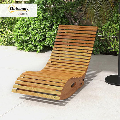 Outsunny Outdoor Rocking Chaise Lounge Chair, S Shape Wooden Rocking Chair with Slatted Seat and High Back, Rocking Patio Lounger for Porch, Backyard, Garden, Light Brown