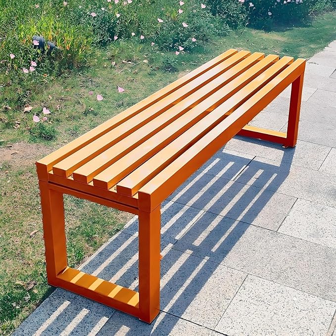 Durable 59" Weatherproof Backless Metal Garden Bench - Stylish Cast Iron Outdoor Furniture for Patio, Park, Lawn & Front Porch - Vibrant Orange Color