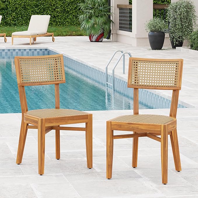 Christopher Knight Home Neeko Acacia Wood Patio Dining Chairs Set of 2, Wooden Outdoor Kitchen Side Chair, Wicker Garden Chair Set for Dining Table, Patio Furniture Extra Seat, Light Brown + Teak