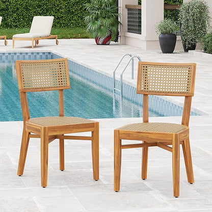 Christopher Knight Home Neeko Acacia Wood Patio Dining Chairs Set of 2, Wooden Outdoor Kitchen Side Chair, Wicker Garden Chair Set for Dining Table, Patio Furniture Extra Seat, Light Brown + Teak