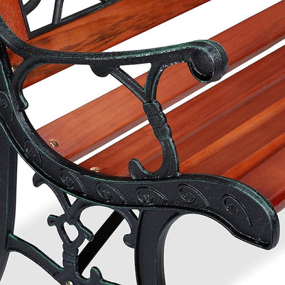 Relaxdays Garden Bench, Rose Pattern, 2 Seater, Wood & Cast Iron, Balcony & Patio, Bench, 73 x 125 x 52.5 cm, Natural/Green