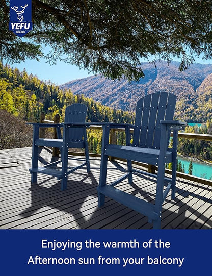 YEFU Tall Adirondack Chair Set of 2, Balcony Chair with Connecting Table, Poly Lumber Adirondack Chair, Patio Bar Stools, 380lbs, Weather Resistant for Outdoor Deck Lawn Pool-Navy Blue