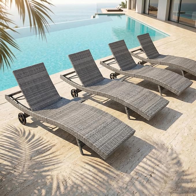 OVENTA Outdoor Wicker Patio Chaise Lounge Chair with Wheels Set of 4, Gray Rattan Pool Furniture Lounger for Outside Poolside Lounges, Jumbo Co Chaise Lounge Chairs, Wicker Patio Pool Furniture