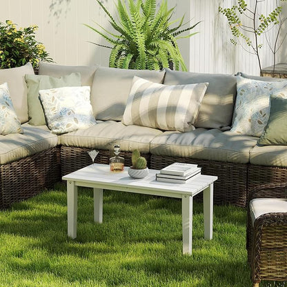 Outsunny HDPE Outdoor Coffee Table, All-Weather Rectangle Patio Coffee Table, Plastic Outdoor Patio Table with Slatted Tabletop for Garden, Balcony, Backyard, White