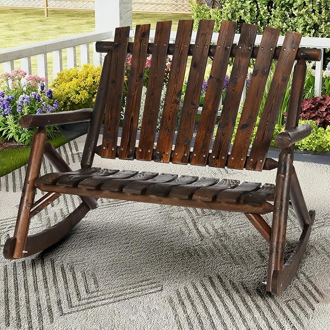 Outdoor Double Wooden Rocking Bench, Adirondack Porch Rocker Chair for 2 Persons, Patio Rustic Log Rocker Loveseat with High Slatted Seat & Backrest for Deck, Backyard, Garden, Carbonized