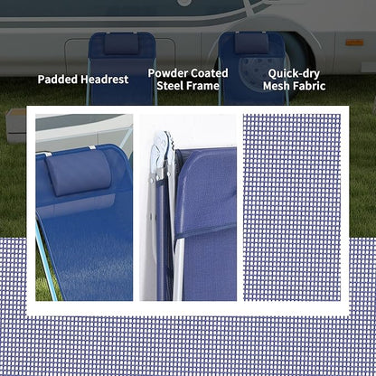 Outsunny 2 Piece Folding Chaise Lounge Chairs, Pool Sun Tanning Chairs with Reclining Back, Breathable Mesh Seat, Headrest for Beach, Yard, Patio, Dark Blue