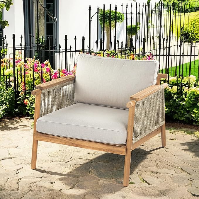 Christopher Knight Home Hadley Patio Club Chairs with Water-Resistant Cushion, Acacia Wood Lounge Chair Outdoor, Wooden Outdoor Accent Chair, Armrest Sofa Set for Garden Porch Backyard, Teak+Beige