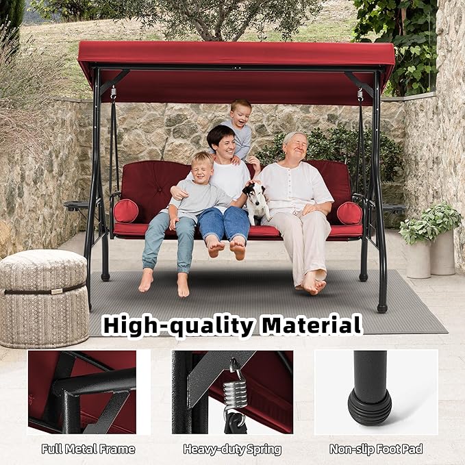 HOMREST 3 Seat Outdoor Porch Swing with Adjustable Canopy, Convertible Patio Swing Bed with Stand - Photo 3