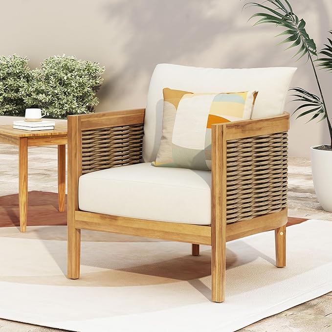 Merax Single Outdoor Acacia Wood Wicker Club Chair with Cushion,Patio Furniture Conversation Seat for Backyard - Photo 1
