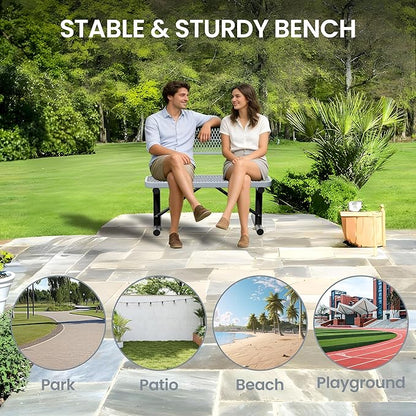 4 Feet Steel Park Bench for Outside, Outdoor Bench with Backrest & Portable Frame, Commercial Benches for Shopping Malls, Stores, Parks, Patios, Decks, Grey