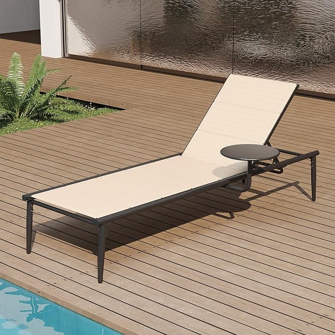 East Oak Textilene Outdoor Chaise Lounger, Aluminum Patio Lounge Chairs with Side Table, 5-Position Adjustable Lounge Chaise for Outside, Recliner Chair for Pool, Beach, Backyard, Porch, Lawn