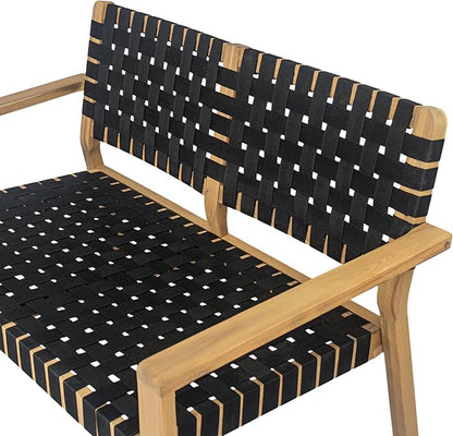 Christopher Knight Home Lenno Patio Loveseat, Acacia Wood Outdoor Bench, Woven Rope Armchair, 2 Seater Bench, Spacious Seating Sofa, Outdoor Acacia Wood Loveseat for Gardern Poolside Porch, Black