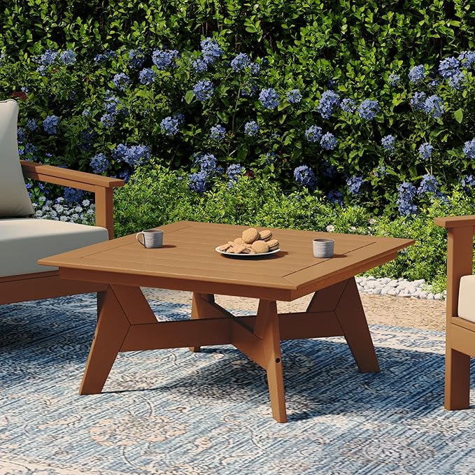WestinTrends Avalon Modern Low Outdoor Patio Square HDPE Coffee Table, Teak